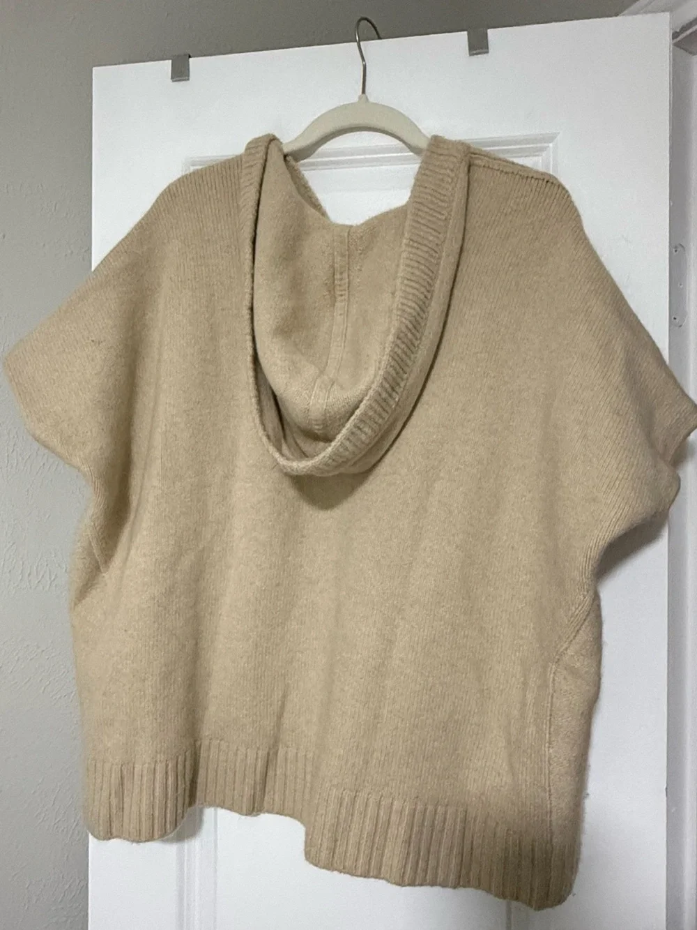 Relaxed V-Neck Knit Poncho Sweater in Neutral Tan